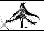  acryl alternate_weapon arm_cannon bow greyscale hair_bow letterboxed long_hair monochrome reiuji_utsuho solo third_eye touhou very_long_hair weapon wings 