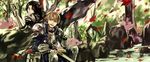  armor arthur_pendragon_(fate) black_hair blonde_hair cape dith_ytk excalibur fate/prototype fate/zero fate_(series) gauntlets green_eyes lancelot_(fate/zero) long_hair male_focus multiple_boys petals spoilers sword weapon 