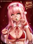  1girl bikini breasts candy christmas circlet darling_in_the_franxx food glasses green_eyes hat large_breasts lollipop long_hair merry_christmas micro_bikini mumeaw pink_hair santa santa_hat shy solo swimsuit zero_two 