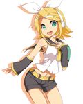  aqua_eyes arm_warmers bare_shoulders blonde_hair cro detached_sleeves hair_ornament hair_ribbon hairclip headset kagamine_rin navel open_mouth ribbon sailor_collar short_hair shorts smile solo vocaloid 