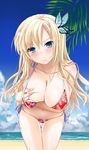  bare_shoulders beach bikini blonde_hair blue_eyes blue_sky blush boku_wa_tomodachi_ga_sukunai breast_hold breasts butterfly_hair_ornament cleavage cloud collarbone day hair_ornament kashiwazaki_sena large_breasts leaning_forward long_hair nakajima_yuka navel outdoors palm_tree red_bikini self_fondle side-tie_bikini sky solo swimsuit thigh_gap tree water 