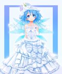  alternate_costume bare_shoulders blue_eyes blue_hair cirno dress flower gloves highres leaf looking_at_viewer same_2009 short_hair simple_background smile solo strapless strapless_dress touhou v wedding_dress white_gloves wings 