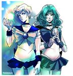  back_bow bishoujo_senshi_sailor_moon blue_choker blue_sailor_collar blue_skirt bow choker deep_aqua_mirror kaiou_michiru magic mirror multiple_girls neptune_symbol outer_senshi sailor_collar sailor_neptune sailor_senshi sailor_senshi_uniform sailor_uranus short_hair skirt ten'ou_haruka teruchan very_short_hair 