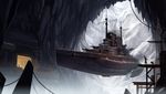  aircraft airship blurry boat cave chain depth_of_field dog floating glowing highres ice lights mountain okita original scenery ship signature snow watercraft widescreen 