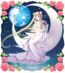  back_bow bad_id bad_pixiv_id bare_shoulders bishoujo_senshi_sailor_moon blonde_hair blue_eyes bow crescent_moon double_bun dress facial_mark flower forehead_mark full_body gown hobak long_hair maboroshi_no_ginzuishou moon planet princess princess_serenity red_flower red_rose rose sitting solo tsukino_usagi twintails 