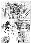  akemi_homura blood blood_in_mouth buckler closed_eyes comic dress greyscale gun hairband hat injury long_hair mahou_shoujo_madoka_magica mahou_shoujo_oriko_magica mikuni_oriko monochrome multiple_girls nobita pantyhose shield skirt sphere translated weapon 