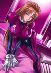  blush bodysuit breasts brown_hair covered_nipples gloves gundam gundam_unicorn large_breasts legs long_hair marida_cruz nakadera_akira purple_bodysuit skin_tight solo thigh_gap thighs tissue 