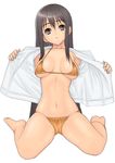  :o barefoot bikini black_eyes black_hair breasts cameltoe dress_shirt full_body long_hair medium_breasts muffin_(sirumeria) navel open_clothes open_shirt orange_bikini original shiny shiny_skin shirt sitting solo strap_gap string_bikini swimsuit underboob undressing wariza white_background 