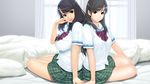  2girls bed black_hair game_cg ino seifuku sister_scheme_2 yanagawa_amane yanagawa_misaki 