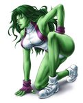  breasts fingerless_gloves gloves green_eyes green_hair green_skin hand_on_thigh jennifer_walters large_breasts leotard long_hair loose_socks marvel nose one_knee purple_leotard she-hulk shimusu shoes sideboob sneakers socks solo taut_clothes white_leotard 