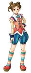  bell belle_(suikoden) blue_shorts brown_eyes brown_hair full_body gensou_suikoden gensou_suikoden_iii hand_on_hip ishikawa_fumi multicolored multicolored_clothes multicolored_legwear multicolored_stripes official_art shoes short_hair shorts smile solo striped striped_legwear twintails vertical_stripes 