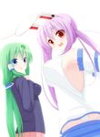  alternate_hairstyle animal_ears blazer blue_eyes blush bottomless breasts bunny_ears bunny_tail chimunge cosplay costume_switch detached_sleeves frog frog_hair_ornament green_hair hair_ornament hair_tubes highres jacket kochiya_sanae kochiya_sanae_(cosplay) large_breasts lingerie long_hair multiple_girls no_bra panties pink_panties ponytail purple_hair red_eyes reisen_udongein_inaba reisen_udongein_inaba_(cosplay) side_cutout sideboob skirt smile snake tail touhou twintails underwear 