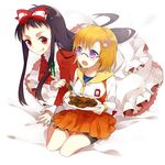  :q bike_shorts black_hair blonde_hair bow bunny dress food glasses hair_bow hair_ornament higanbana_(higanbana_no_saku_yoru_ni) higanbana_no_saku_yoru_ni holding jacket long_hair moriya_marie multiple_girls open_mouth plate purple_eyes red_eyes short_hair sitting skirt tongue tongue_out towa1 yokozuwari 