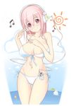  bad_id bad_pixiv_id bikini blush breasts cameltoe digital_media_player front-tie_top headphones in_swimsuit ipod large_breasts looking_at_viewer musical_note nekonyan_(nekoworld) nitroplus ocean pink_eyes pink_hair side-tie_bikini smile solo super_sonico swimsuit thigh_gap 