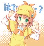  brown_hair flat_chest green_eyes halftone halftone_background hat karaage3 orange_background short_hair solo tantei_opera_milky_holmes translation_request yellow yuzurizaki_nero 