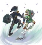  battle belt blonde_hair blue_eyes chainmail dark_link dual_persona duel gloves grey_hair hat highres link male_focus multiple_boys petals ruri_(rukiafile) sheath shield standing_on_object sword the_legend_of_zelda the_legend_of_zelda:_ocarina_of_time water weapon 