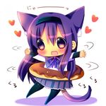  :3 akemi_homura animal_ears blush cat_ears chibi chocolat_(momoiro_piano) commentary_request doughnut food long_hair magical_girl mahou_shoujo_madoka_magica pantyhose purple_eyes purple_hair red_eyes solo tail 