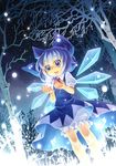  akane_(xichris) bloomers blue_eyes blue_hair child cirno dress hair_ribbon open_mouth ribbon snow snowflakes solo touhou underwear wings 