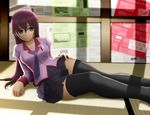  bad_id bad_pixiv_id bakemonogatari black_legwear long_hair monogatari_(series) pen purple_hair ruler school_uniform senjougahara_hitagi siraha skirt solo thighhighs zettai_ryouiki 