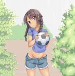  ball braid brown_hair denim denim_shorts hair_over_shoulder highres kami-sama_no_memo-chou kusakabe_meo long_hair looking_at_viewer midriff navel panties red_eyes shirt shorts snowflyer soccer_ball solo t-shirt tan tanline telstar twin_braids twintails unbuttoned underwear 