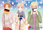  ahoge axis_powers_hetalia blonde_hair blue_eyes blush brown_eyes brown_hair canada_(hetalia) finland_(hetalia) german_flag glasses highres konbu_(kaitaku27) male_focus multiple_boys northern_italy_(hetalia) prussian_flag purple_eyes smile swedish_flag 