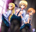  3girls aqua_eyes ass assam between_breasts black_legwear black_ribbon blonde_hair blue_eyes blue_neckwear blue_skirt blush braid breasts closed_mouth collarbone collared_shirt commentary_request crotch_seam curtains darjeeling dated dress_shirt dutch_angle furrowed_eyebrows girls_und_panzer hair_ribbon indoors kamogawa_tanuki lifted_by_self long_hair long_sleeves looking_at_viewer medium_breasts multiple_girls necktie necktie_between_breasts nipples number open_clothes open_shirt orange_pekoe pantyhose parted_lips purple_eyes ribbon school_uniform shirt skirt skirt_lift small_breasts smile st._gloriana&#039;s_school_uniform standing thighband_pantyhose very_long_hair white_shirt wing_collar 