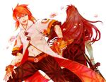  2boys aqua_eyes asch bad_id bad_pixiv_id belt coat fingerless_gloves from_behind gloves long_hair luke_fon_fabre male_focus midriff multiple_boys pants red_hair scabbard sheath smile tales_of_(series) tales_of_the_abyss white_background 