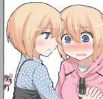  3girls blonde_hair blue_eyes blush brown_hair commentary erica_hartmann gertrud_barkhorn hakusen-hiki holding_hands hood hoodie incest multiple_girls no_eyewear open_mouth peeking siblings strike_witches twincest twins ursula_hartmann world_witches_series yuri 