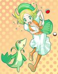  bel_(pokemon) blonde_hair clumsy gen_5_pokemon green_eyes hat nu_(ukskuj) open_mouth orange_legwear pantyhose poke_ball pokemon pokemon_(creature) pokemon_(game) pokemon_bw skirt snivy white_skirt wristband 