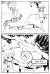  adrian_ferrer bow cirno closed_eyes comic english frozen_lake gods'_crossing greyscale hair_bow hat hat_removed headwear_removed holding holding_hat ice_trail magic:_the_gathering monochrome moriya_suwako multiple_girls short_hair skating smile spell_card touhou 