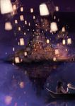  1girl boat castle faux_traditional_media flynn_rider from_behind haruhito1211 lake lantern night rapunzel_(disney) reflection sky_lantern tangled watercraft 