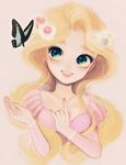  aqua_eyes bad_id bad_pixiv_id blonde_hair bug butterfly eyelashes flower hair_flower hair_ornament insect lips long_hair nail_polish oitan pink pink_flower pink_rose puffy_sleeves rapunzel_(disney) rose simple_background solo tangled 