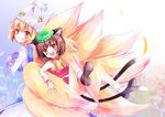  :d animal_ears bad_id bad_pixiv_id blonde_hair brown_eyes brown_hair cat_ears cat_tail chen earrings fang fox_tail hat highres jewelry multiple_girls multiple_tails nekosugi_(hoshi) open_mouth short_hair smile tail touhou yakumo_ran yellow_eyes 