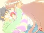  1girl apple blue_hair brown_eyes brown_hair flower food fruit green_eyes head_wreath holding holding_food holding_fruit ichino_(artist) long_hair mawaru_penguindrum short_hair smile spoilers takakura_himari takakura_shouma 