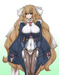  aoi_kimi bodysuit breasts brown_eyes brown_hair curvy fingerless_gloves gloves huge_breasts kikuta kyoukaisenjou_no_horizon long_hair pantyhose smile solo traditional_media very_long_hair 