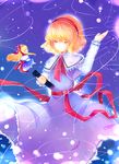  alice_margatroid bad_id bad_pixiv_id blonde_hair book bow capelet closed_eyes doll dress grimoire grimoire_of_alice hair_bow hairband sash satonishi shanghai_doll snow solo string touhou 