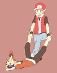  alternate_costume alternate_hairstyle alternate_headwear backwards_hat baseball_cap black_hair blue_eyes blush brown_hair crotch_stomping denki_anma full_body gold_(pokemon) hat highres lying male_focus multiple_boys on_back pokemon pokemon_(game) pokemon_frlg pokemon_hgss pumpkinpan red_(pokemon) red_(pokemon_frlg) shoes simple_background smile stomping yaoi 