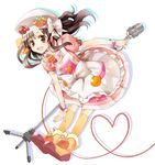  apron bad_id bad_pixiv_id brown_eyes brown_hair cooking_idol_ai!_mai!_main! dress food_themed_clothes hat heart heart_of_string hiiragi_mine kneehighs leaning_forward microphone_stand mitsukura_chikage open_mouth simple_background smile solo yellow_legwear 