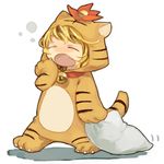  alternate_costume animal_costume animal_print bell bell_collar chibi closed_eyes collar fang lowres nakatani_nio pillow shadow simple_background sleepy solo tiger_costume tiger_print toramaru_shou touhou walking yawning 