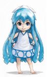  barefoot blue_eyes blue_hair bracelet chibi dress full_body hands_on_hips hat ikamusume jewelry long_hair looking_at_viewer mini-ikamusume minigirl pon shinryaku!_ikamusume simple_background smile solo standing tentacle_hair very_long_hair white_background 