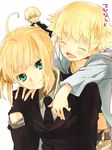  2boys ahoge artoria_pendragon_(all) belt blonde_hair child_gilgamesh closed_eyes fate/hollow_ataraxia fate/stay_night fate/zero fate_(series) formal gilgamesh gloves green_eyes mooche multiple_boys necktie saber suit younger 