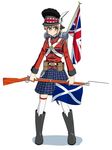  animal_ears backpack bad_id bad_pixiv_id bag bayonet belt blush boots british copyright_request feathers flag full_body gun hat highres kilt military military_uniform musket norayinu plaid pouch saltire scotland scottish_flag soldier solo tail thighhighs uniform union_jack united_kingdom weapon white_background zettai_ryouiki 