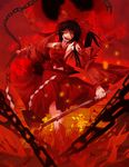  absurdres ascot black_hair blood blood_on_face bloody_clothes bow box broken broken_chain chain chaos1402 crazy_smile detached_sleeves donation_box gohei hair_bow hair_tubes hakurei_reimu highres onimiko open_mouth red red_eyes solo torn_clothes touhou 