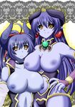  1girl 8000 age_difference amber_eyes asmodeus asmodeus_(shinrabansho) asmodeus_(shinrabanshou) astaroth astaroth_(shinrabansho) astaroth_(shinrabanshou) bare_shoulders bare_shpulders big_breasts blue_hair blue_skin breasts breasts_outside demon demon_girl ear_piercing earrings elbow_gloves female framed_breasts gloves hair_ornament hair_ribbon horn horns huge_breasts jewelry long_hair milf monster_girl mother_and_daughter navel nipples no_bra piercing ponytail ribbon ring shinrabansho shinrabanshou standing succubus topless yellow_eyes 