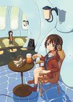  black_eyes brown_hair cable cafe copyright_request cup food french_fries from_above headphones highres hood hooded_jacket jacket light_smile looking_up menu_board mug multiple_girls nurutema pavement shadow short_hair shorts sign sitting 