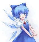  blue_eyes blue_hair blush_stickers bow cirno colored_eyelashes dress graphite_(medium) hair_bow hands_clasped highres ice ice_wings looking_at_viewer mixed_media open_mouth own_hands_together ribbon short_hair sketch smile solo stretch touhou traditional_media wings yuki_shizuku 