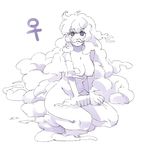  breasts cloud facial_hair fake_facial_hair fake_mustache floating genderswap genderswap_(mtf) large_breasts monochrome mustache nude purple sitting solo touhou unzan venus_symbol yukataro 