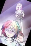 blood breasts cleavage collarbone csiguli empty_eyes fluttershy green_eyes grin labcoat long_hair medium_breasts multicolored multicolored_hair multiple_girls my_little_pony my_little_pony_friendship_is_magic personification pink_hair rainbow_dash rainbow_hair red_eyes safety_glasses short_hair sleeves_rolled_up smile undressing 