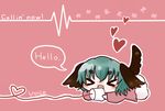  &gt;_&lt; :3 animal_ears chibi closed_eyes cup dress english green_hair heart heart_of_string kasodani_kyouko lying on_stomach open_mouth red_tuna short_hair smile solo speech_bubble string string_phone tail touhou x3 