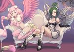  2girls arm_garter bare_shoulders bird black_gloves boots bra breasts chin_rest choker cleavage colored_eyelashes couch crown curtains detached_sleeves dress elbow_gloves feathered_wings flamingo fur gears gloves green_eyes green_hair hair_ornament high_heels highres jewelry knee_boots legs lingerie lipstick long_hair makeup mechanical_wings medium_breasts multiple_girls necklace original pearl_necklace pink_bra pink_footwear pink_hair pink_legwear ponytail shoes short_dress sitting smile thighhighs underwear wings yellow_eyes 
